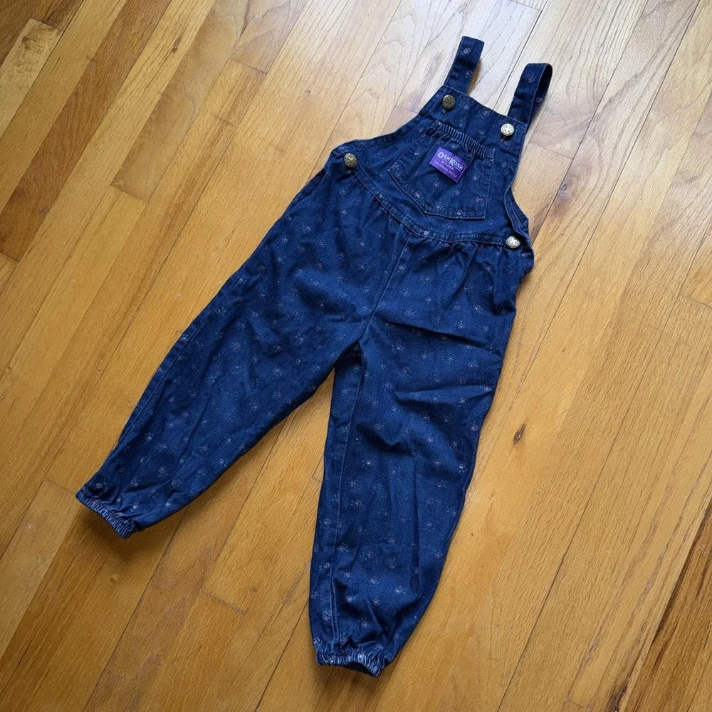 Vintage OshKosh‎ B'gosh Bib Overalls Girls 3T Blue Denim Floral Print USA Rare
